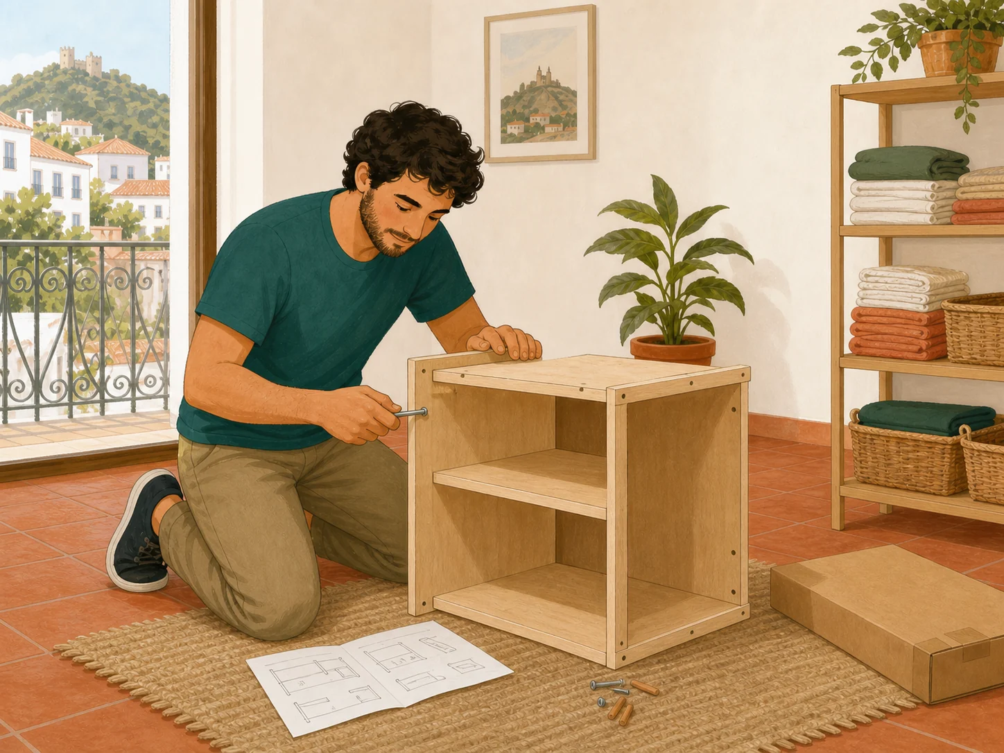 Ilustração genérica de uma pessoa fictícia a montar um pequeno móvel em kit.