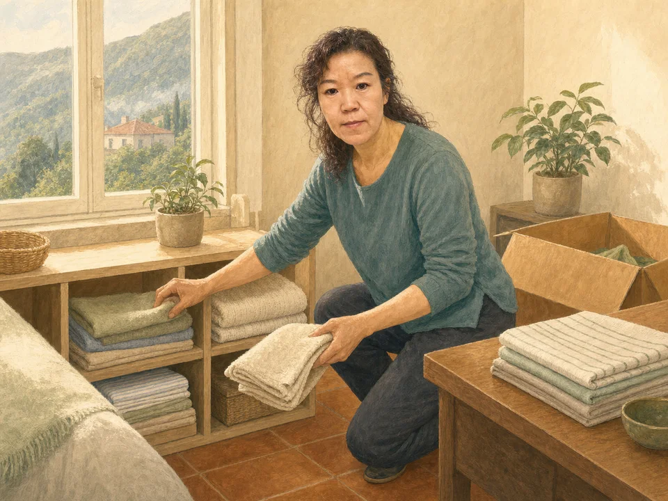 AI示意图：Julia在明亮的房间里把布草整理到架子上。