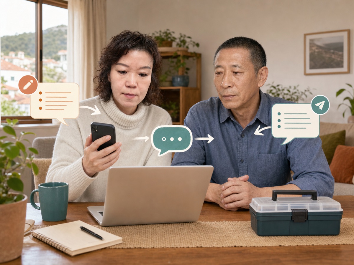 AI illustration of mother and Ma preparing a Portuguese message